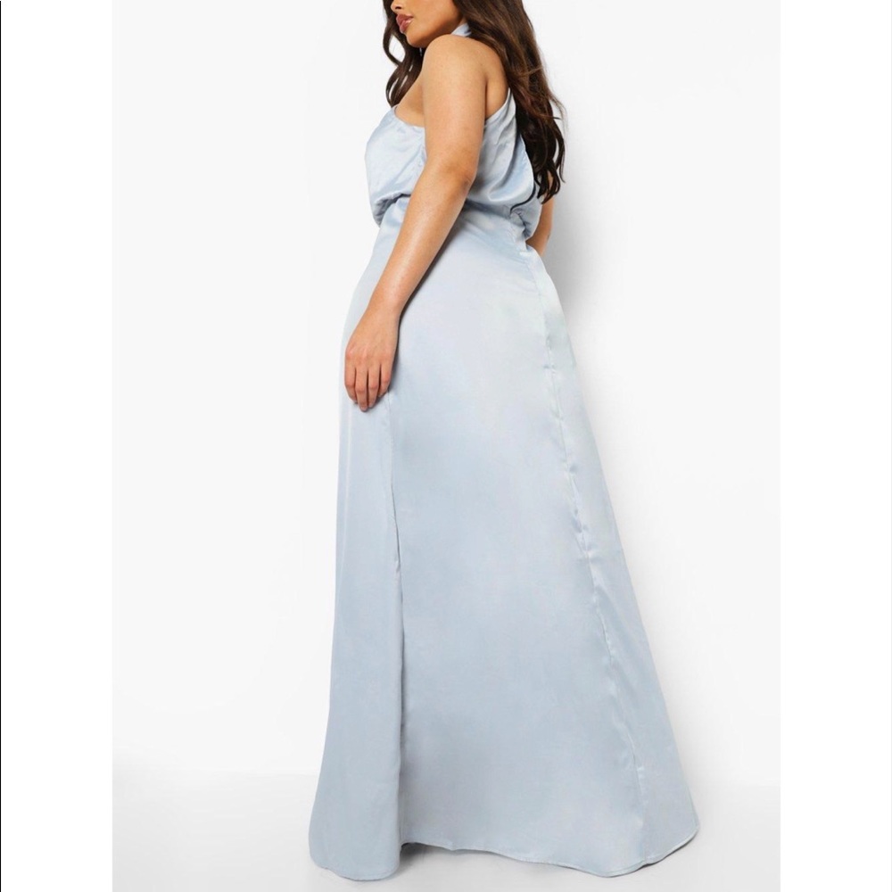 Boohoo Ice Blue Twist Front High Neck Satin Formal Dress - Picture 4 of 9